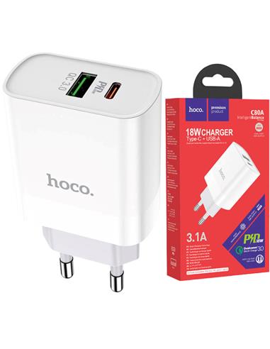 Cargador USB y USB-C 20W Hoco C80A Blanco