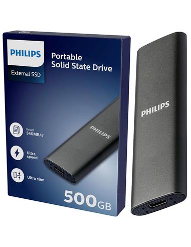 Disco SSD Philips Disco Externo 500GB USB-C/USB 3.0 540MB Ultra Slim Gris