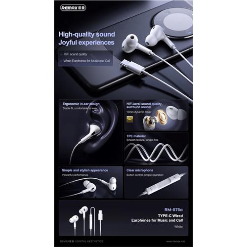 Remax RM-575a Auricular USB-C Digital Blanco