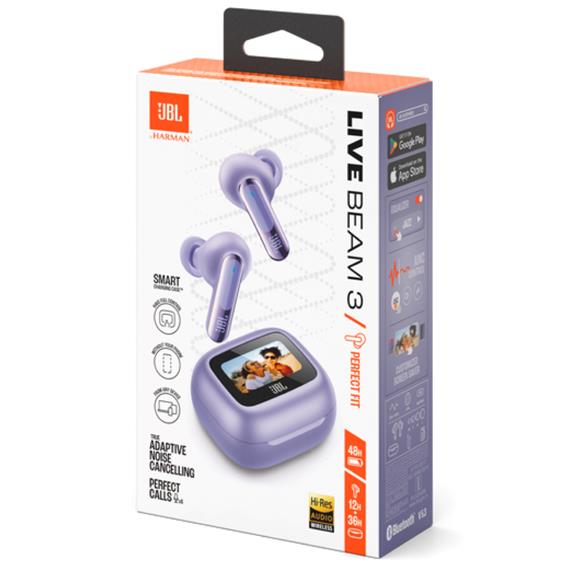 JBL Live Beam 3 Auricular Bluetooth con Cancelación de Ruido y pantalla Púrpura