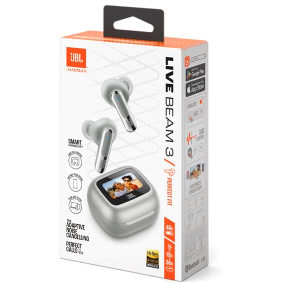 JBL Live Beam 3 Auricular Bluetooth con Cancelación de Ruido y pantalla Plata