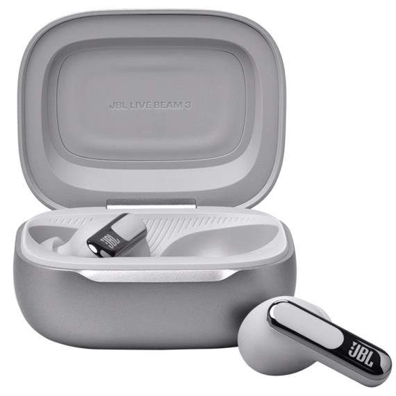 JBL Live Beam 3 Auricular Bluetooth con Cancelación de Ruido y pantalla Plata