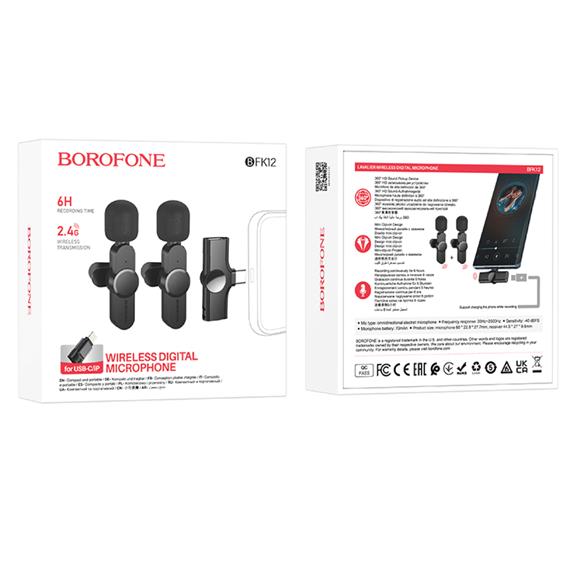 Borofone BFK12 Pack 2 Micrófonos Lavalier Inalámbricos USB-C y Lightning