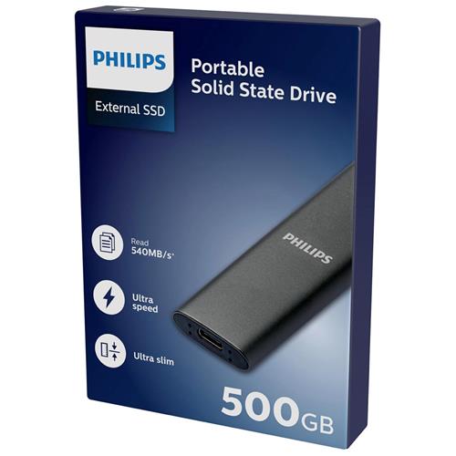 Disco SSD Externo Philips 500GB USB-C/USB 3.0 540MB Ultra Slim Gris
