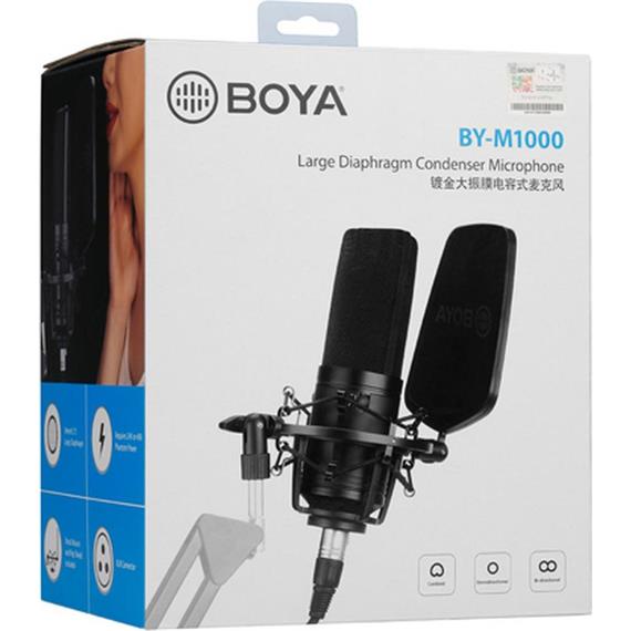 BOYA BY-M1000 Micrófono Condensador de diafragma Grande con Filtro Pop y Cable XLR