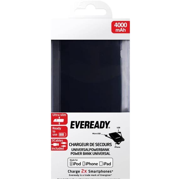 Powerbank Eveready PPA4000EB3BK5 4000 mAh con Cable Lightning Negro (6+1)