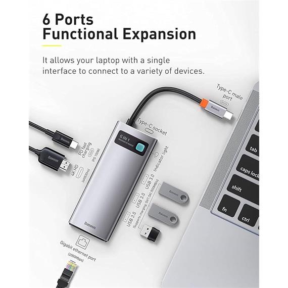 Adaptador USB-C 6-1 Baseus CAHUB-CW0G  3x USB 3.0 + HDMI + PD +  RJ45