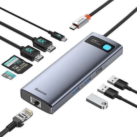 Baseus CAHUB-CU0G Hub 9-1 3x USB 3.0 + HDMI + PD + RJ45 + micro SD/SD + VGA