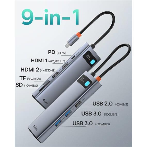 Baseus CAHUB-CU0G Hub 9-1 3x USB 3.0 + HDMI + PD + RJ45 + micro SD/SD + VGA