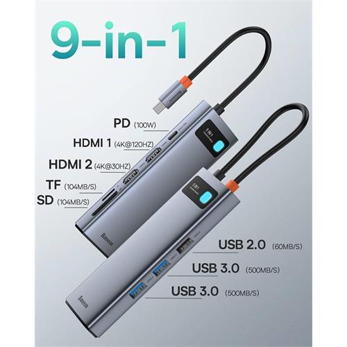 Baseus CAHUB-CU0G Hub 9-1 3x USB 3.0 + HDMI + PD + RJ45 + micro SD/SD + VGA