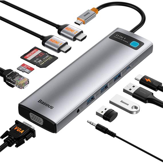 Adaptador USB-C 11-1 Baseus CAHUB-CT0 3xUSB 3.0 + 2xHDMI + PD + RJ45 + microSD/SD + VGA