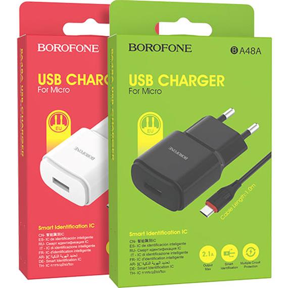 Cargador USB 2.1Amp + Cable USB a Micro Borofone BA48A Blanco
