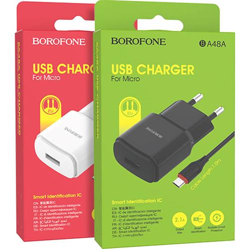 Cargador USB 2.1Amp + Cable USB a Micro Borofone BA48A Blanco