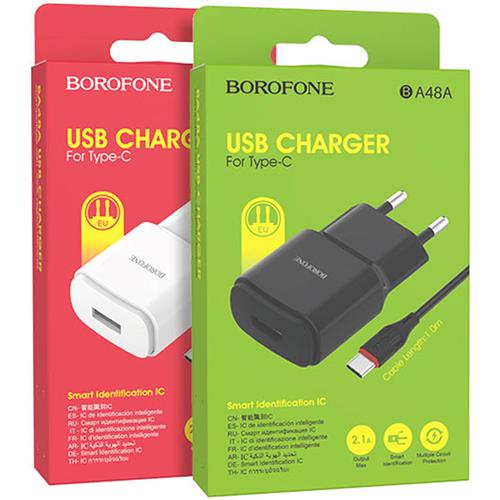 Cargador USB 2.1Amp + Cable USB a USB-C Borofone BA48A Negro
