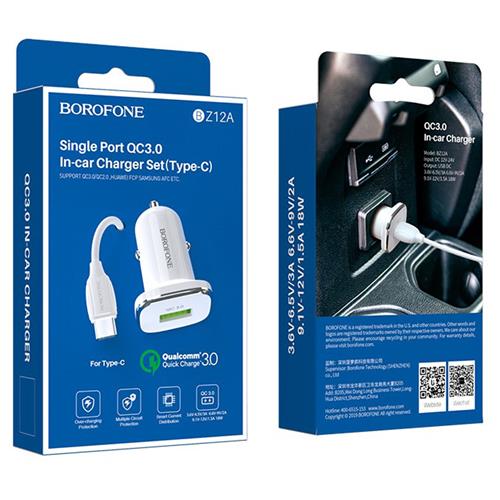 Cargador Coche USB 2.4Amp+ Cable USB a USB-C Borofone BZ12A Blanco