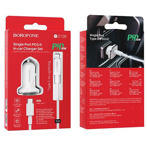 Cargador Coche USB-C 18W+ Cable USB-C- a Lightning Borofone BZ12B Blanco