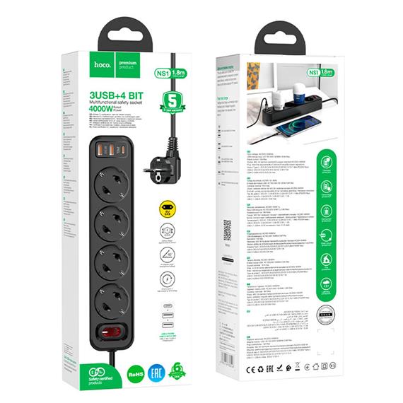 Hoco NS1 Regleta 4 Tomas con 2x USB 18w y USB-C 20w Negro