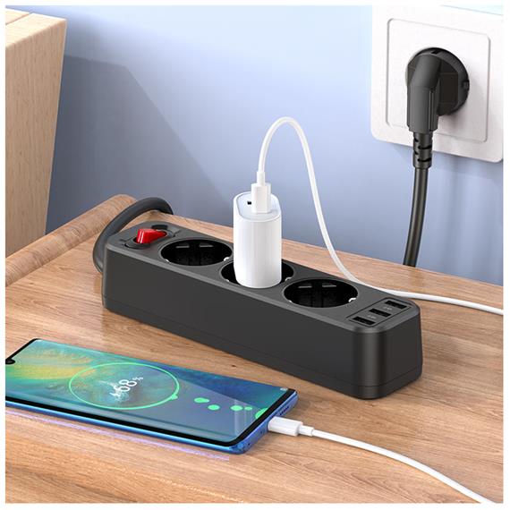 Hoco NS2 Regleta 3 Enchufes + 3 USB 2.4A 1.8 metros Negro