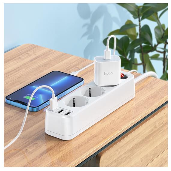 Hoco NS2 Regleta 3 Enchufes + 3 USB 2.4A 1.8 metros Blanco