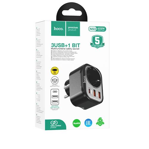 Hoco NS3 Enchufe 1 Toma + 2 USB 18W + 1 USB 20W Negro