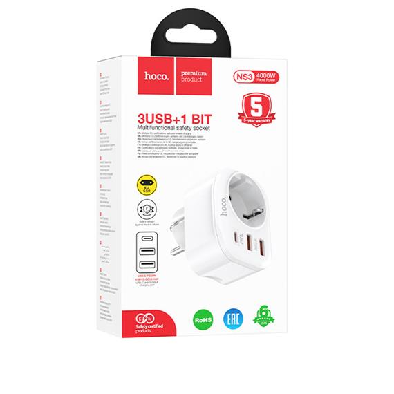 Hoco NS3 Enchufe 1 Toma + 2 USB 18W + 1 USB 20W Blanco
