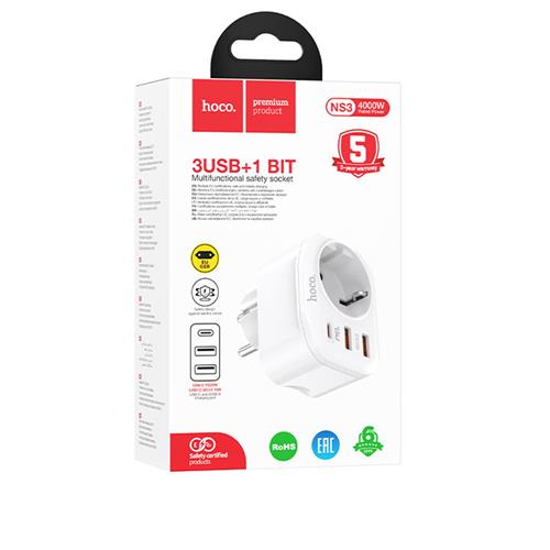 Hoco NS3 Enchufe 1 Toma + 2 USB 18W + 1 USB 20W Blanco