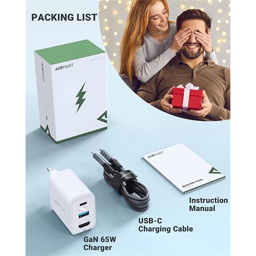 Cargador USB-C- USB y HDMI 65W+ Cable USB-C Acefast A17 Blanco