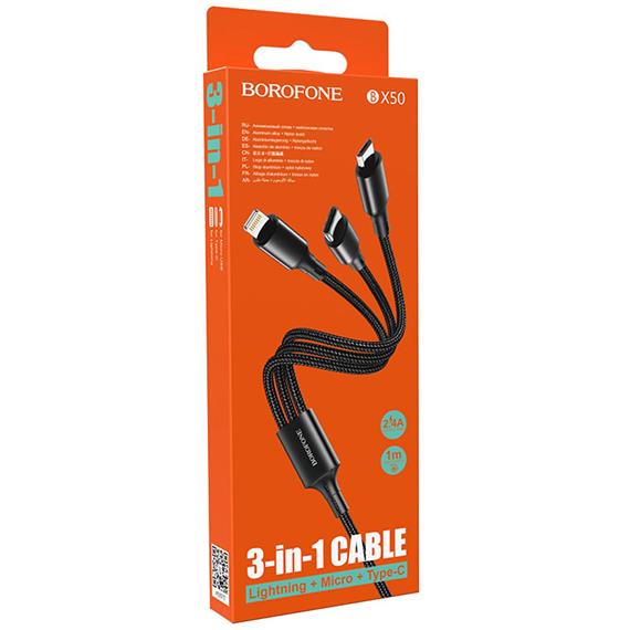 Cable USB a Lightning+ Micro+ USB-C 1 m Borofone BX50 Cable Negro