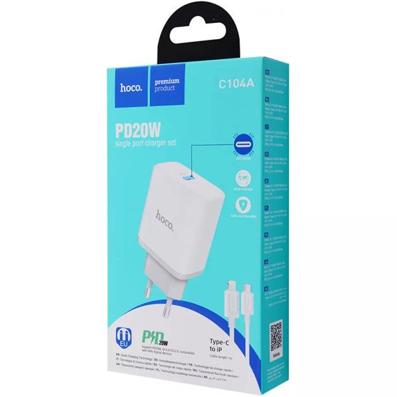 Cargador USB-C 20W+ Cable USB-C a USB-C Hoco C104A Blanco