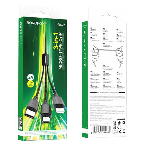 Cable USB a Lightning+ USB-C + Micro 1 metro Borofone BX72 Negro