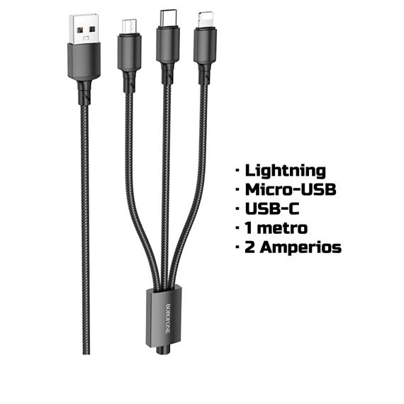 Cable USB a Lightning+ USB-C + Micro 1 metro Borofone BX72 Negro