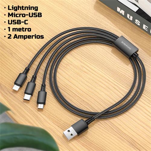 Cable USB a Lightning+ USB-C + Micro 1 metro Borofone BX72 Negro