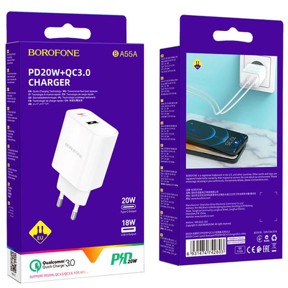 Cargador USB-C y USB 20W Borofone BA55A Blanco