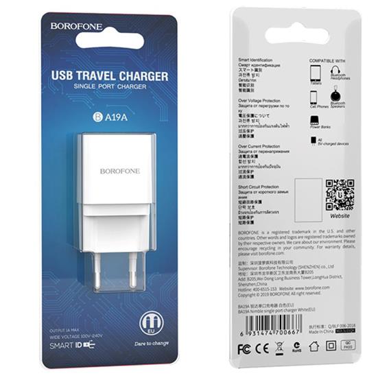 Cargador USB 1Amp Borofone BA19A Blanco