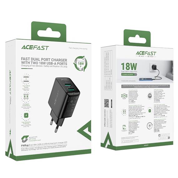 Acefast A33 QC18W Cargador USB-A-USB-A Negro