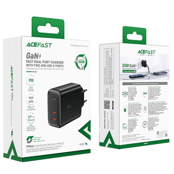Acefast A29 PD 50W Cargador GaN USB-C+ USB-C Negro