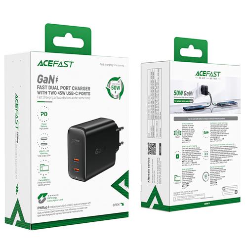 Acefast A29 PD 50W Cargador GaN USB-C+ USB-C Negro
