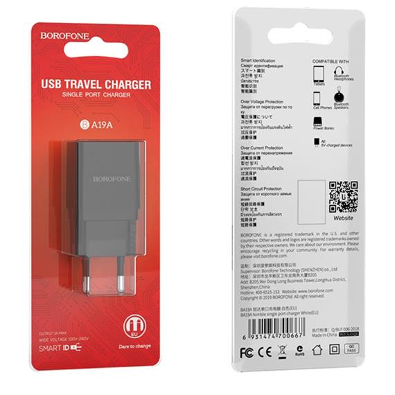 Cargador USB 1Amp Borofone BA19A Negro