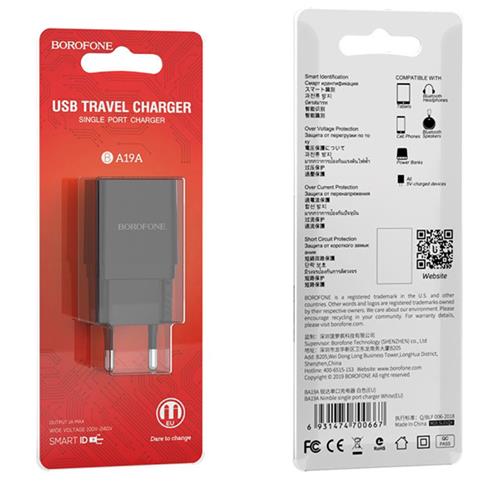 Cargador USB 1Amp Borofone BA19A Negro