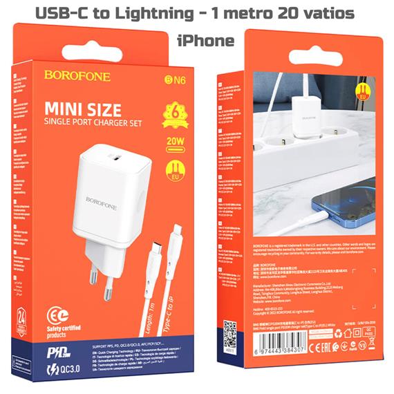 Cargador USB-C 20W+ Cable USB-C a Lightning Borofone BN6 Blanco