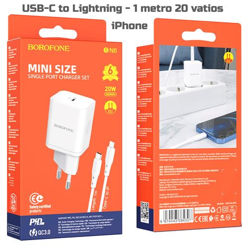Cargador USB-C 20W+ Cable USB-C a Lightning Borofone BN6 Blanco