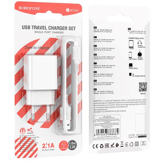 Cargador USB 2.1Amp + Cable USB a Micro Borofone BA74A Blanco