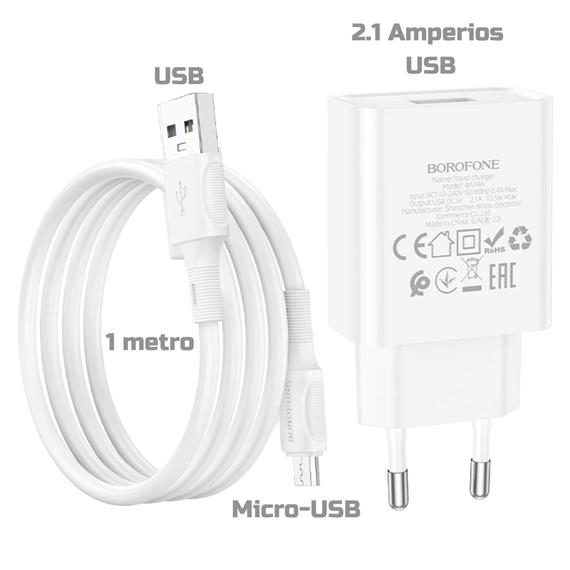 Cargador USB 2.1Amp + Cable USB a Micro Borofone BA74A Blanco