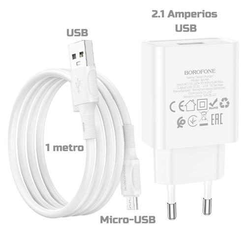 Cargador USB 2.1Amp + Cable USB a Micro Borofone BA74A Blanco