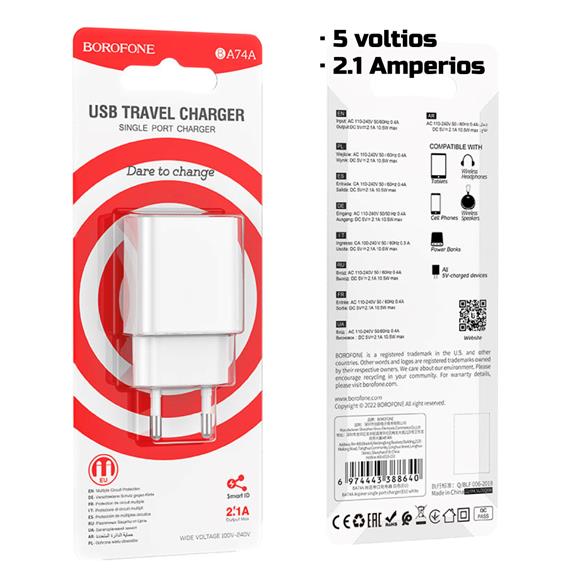 Cargador USB 2.1Amp Borofone BA74A Blanco