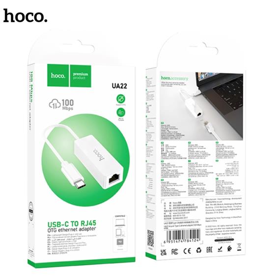 Hoco UA22 Adaptador USB-C a Ethernet 100 Mbps Blanco