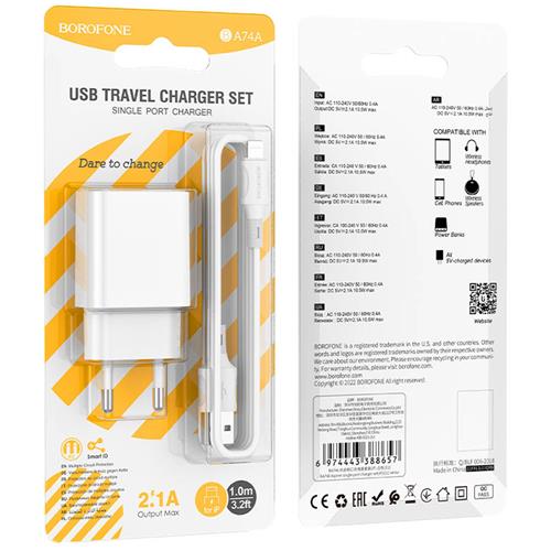 Cargador USB 2.1Amp + Cable USB a Lightning Borofone BA74A Blanco