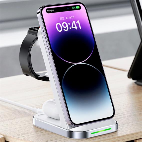 Cargador Inalámbrico Sobremesa 15W Acefast E15 3-1 para iPhone, Watch y Airpods