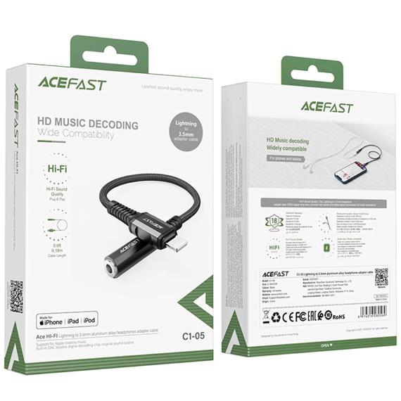 Cable Adaptador Auricular 3.5mm - Lightning 0.18 m Acefast C1-05 Reforzado Negro