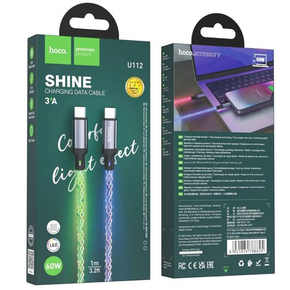 Cable Hoco U112 Shine 60W Type-C a Type-C con diodos LEDs